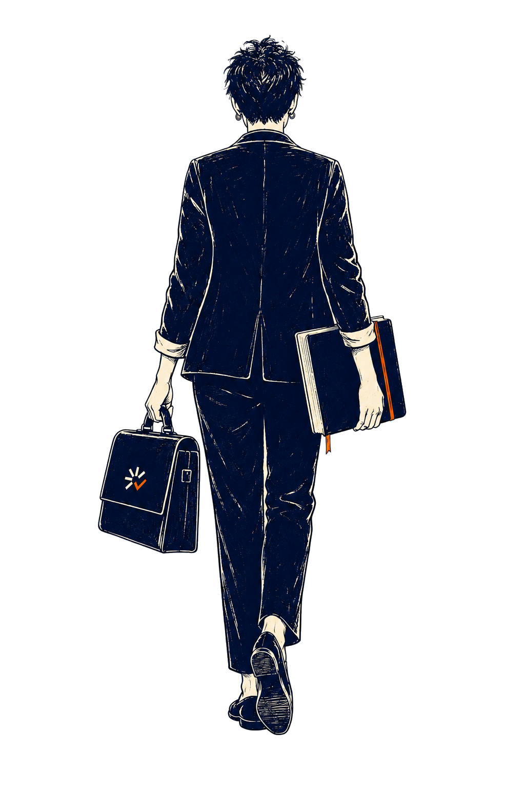 Illustration of Kristina carrying a KM Method briefcase and working notebook